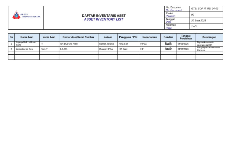 GTSI F IT SMI 04 02 FOrm Daftar Inventaris Aset | PDF
