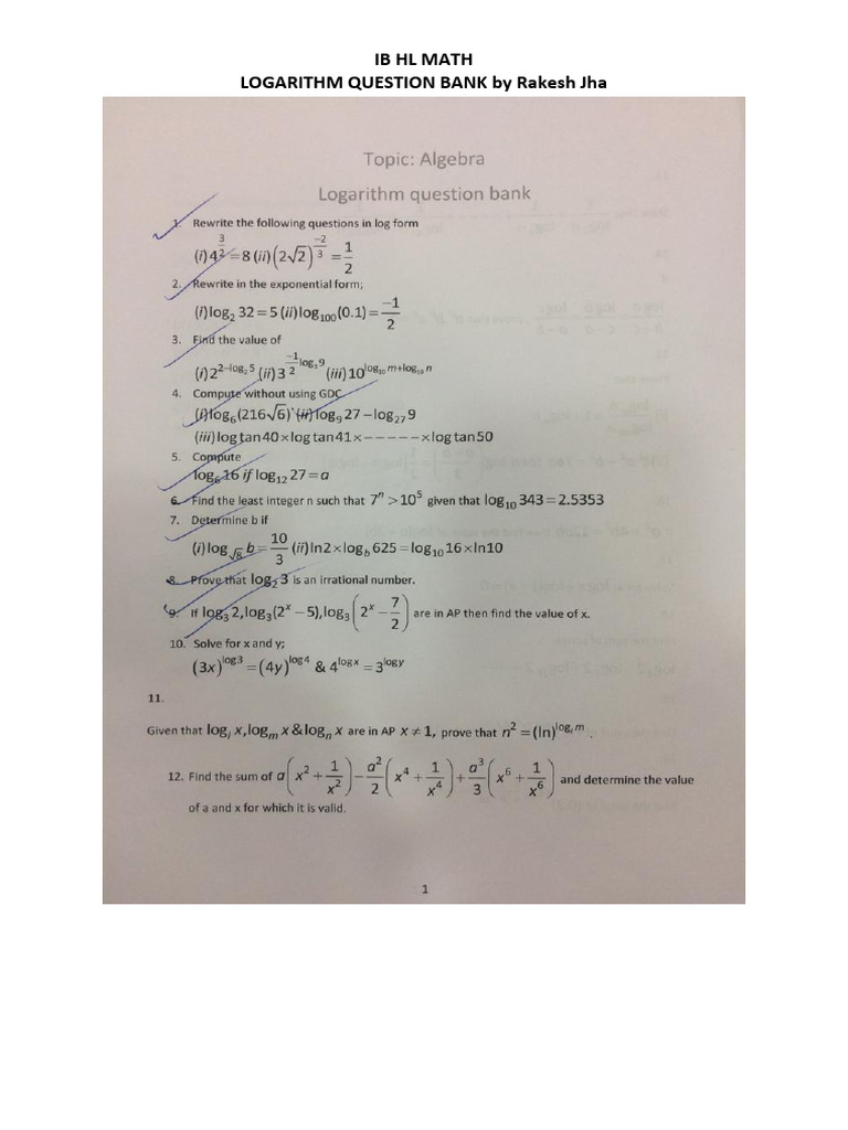 Logarithm Question (Difficult) Bank | PDF
