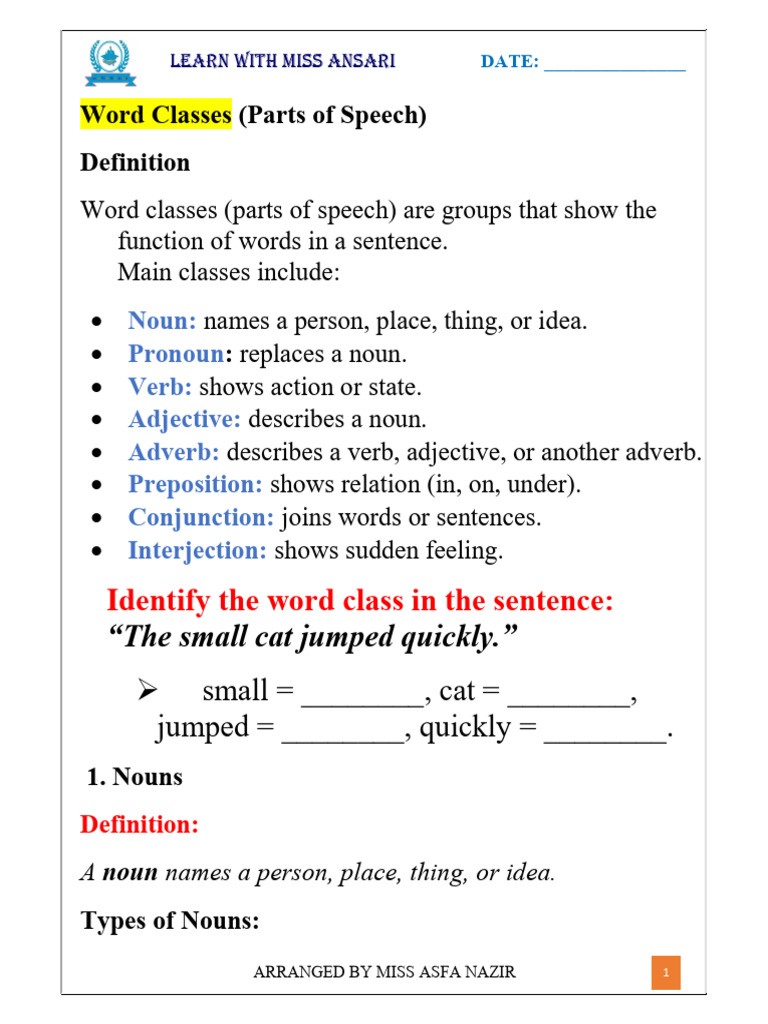 Word Class Parts of Speech | PDF | Part Of Speech | Noun