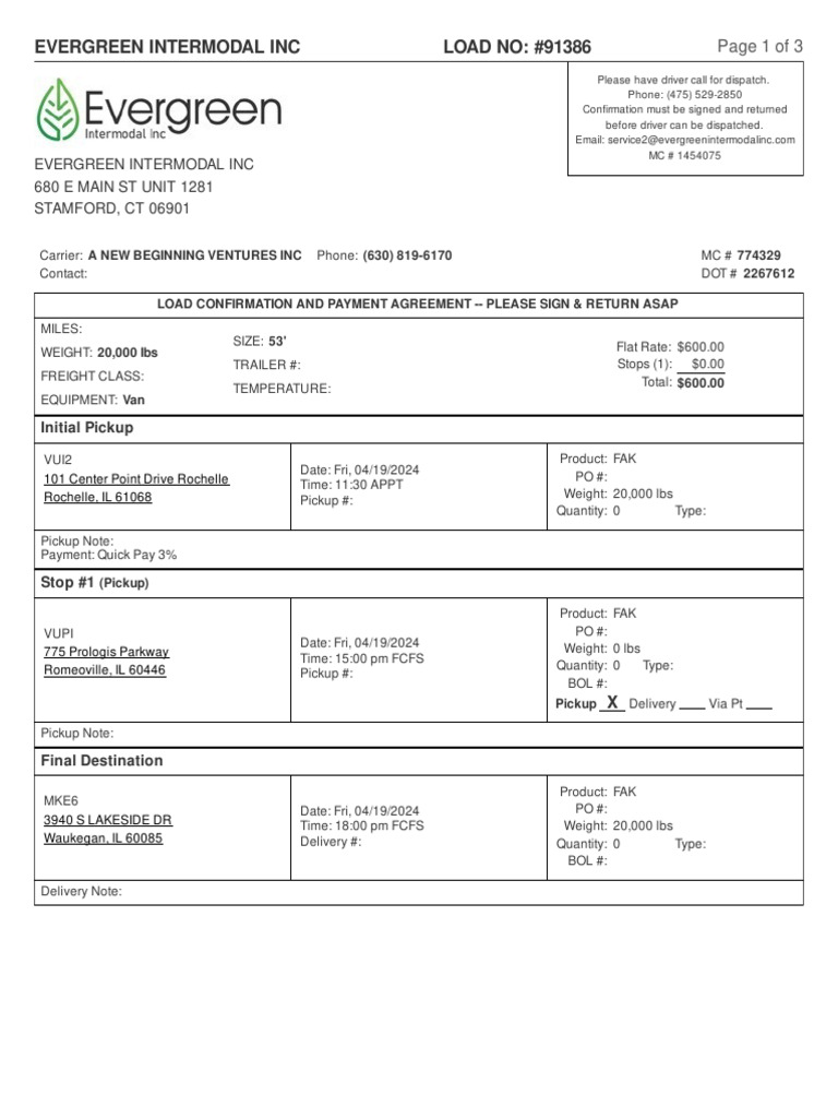 Evergreen 91386 Rate Confirmation | PDF | Cargo | Bill Of Lading