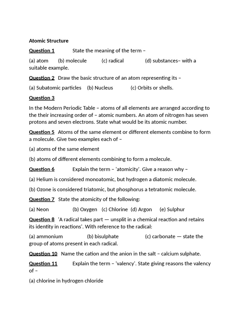 Atomic Structure Question Paper | PDF | Ion | Atoms