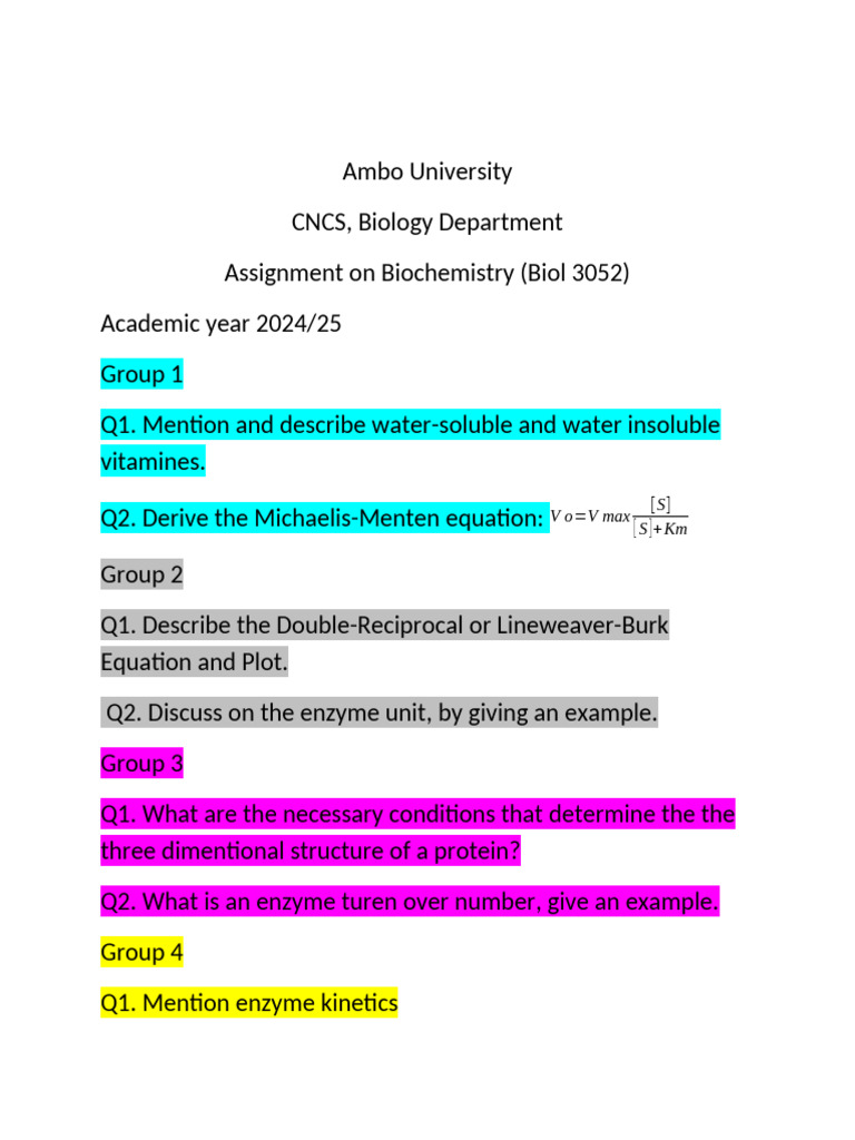 Biochemistry Assignment (2024) | PDF