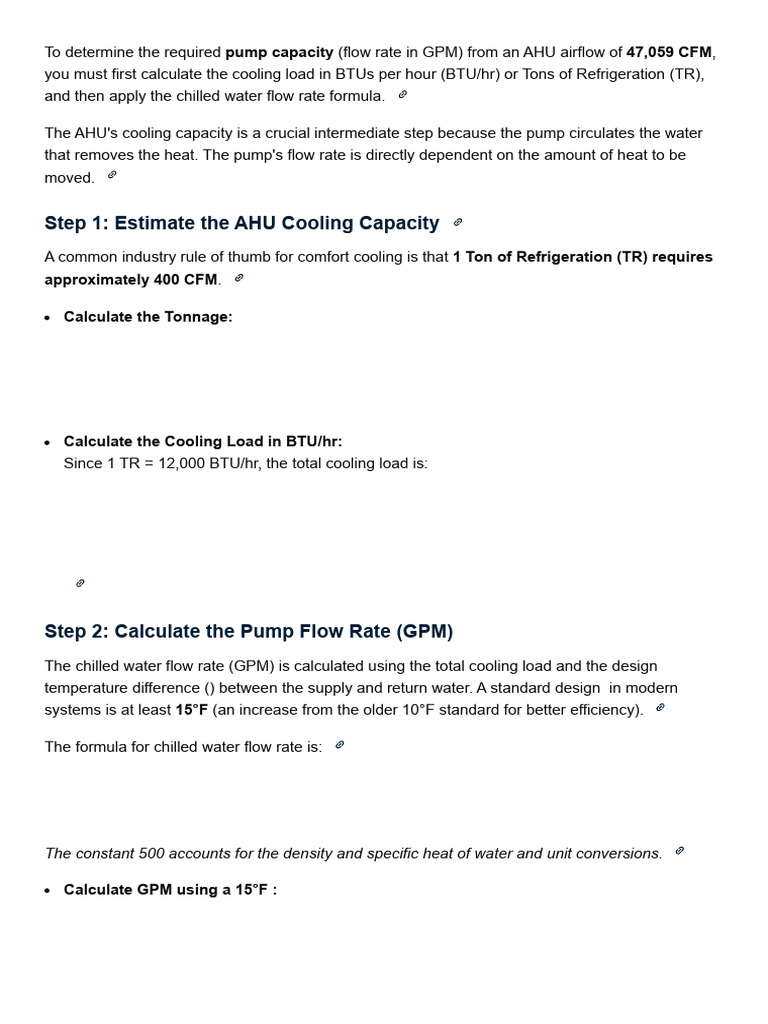 Pump Capacity Decide Through Ahu Capacity Calculation CFM | PDF