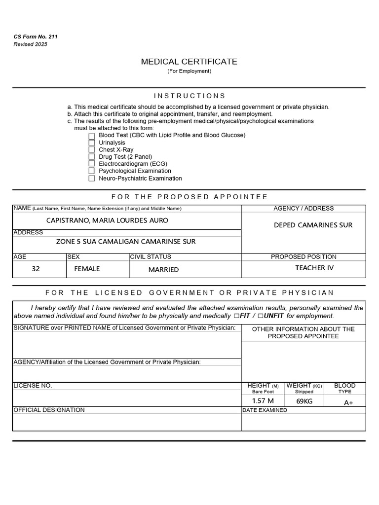 Cs Form No 211 Revised 2025 Medical Certificate | PDF | Physician ...