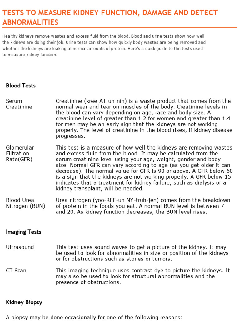 Tests to Measure Kidney Function, Damage and Detect Abnormalities - The ...