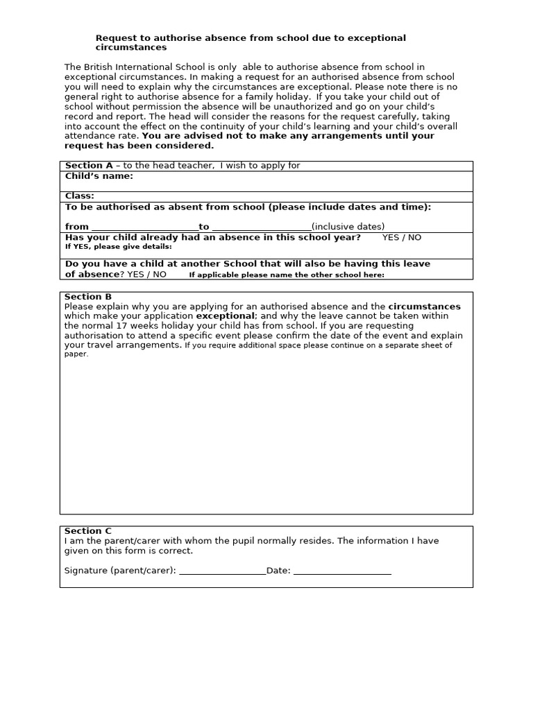 Request To Authorise Absence From School | PDF