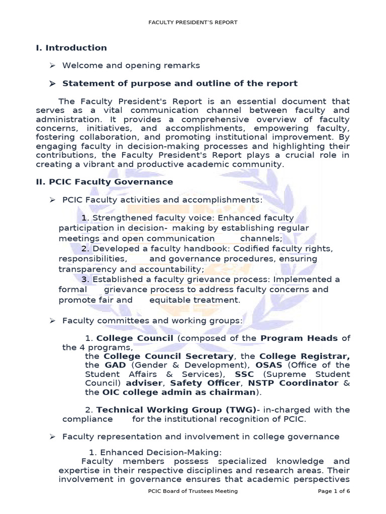 Faculty President's Report | PDF | Team Building | Governance