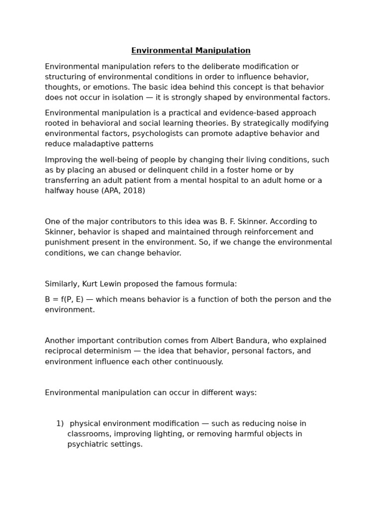 Environmental Manipulation | PDF | Learning | Psychological Theories
