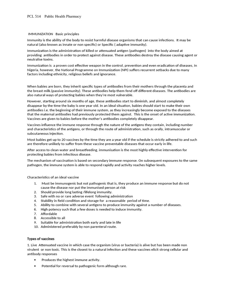 IMMUNIZATION LECTURE NOTE | PDF | Vaccines | Meningitis