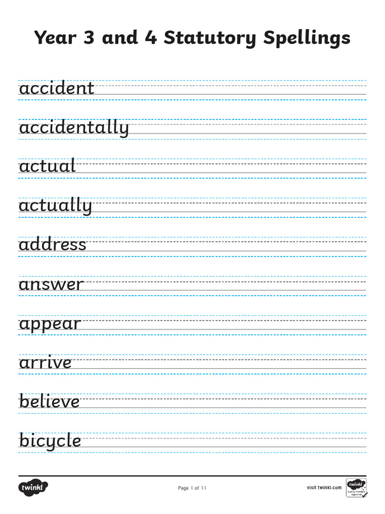 Year 3 and 4 Statutory Spellings Handwriting Practice Worksheets | PDF