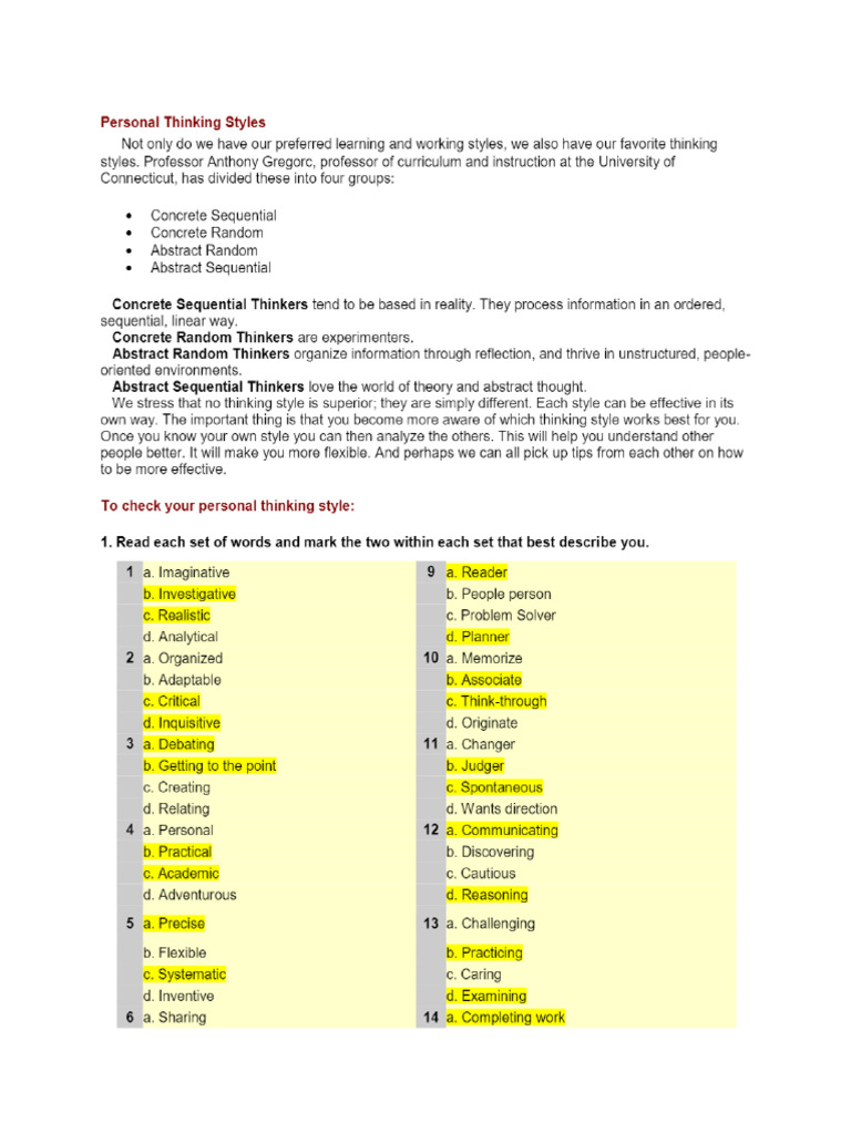 Personal Thinking Styles | PDF