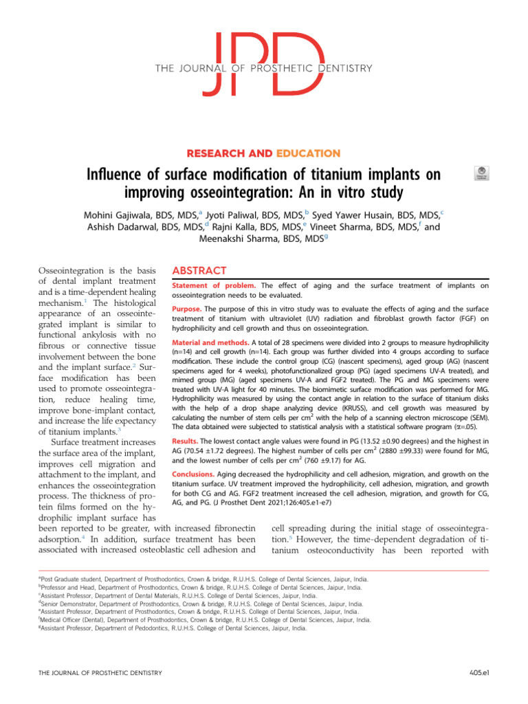 In Uence of Surface Modi Cation of Titanium Implants On Improving ...