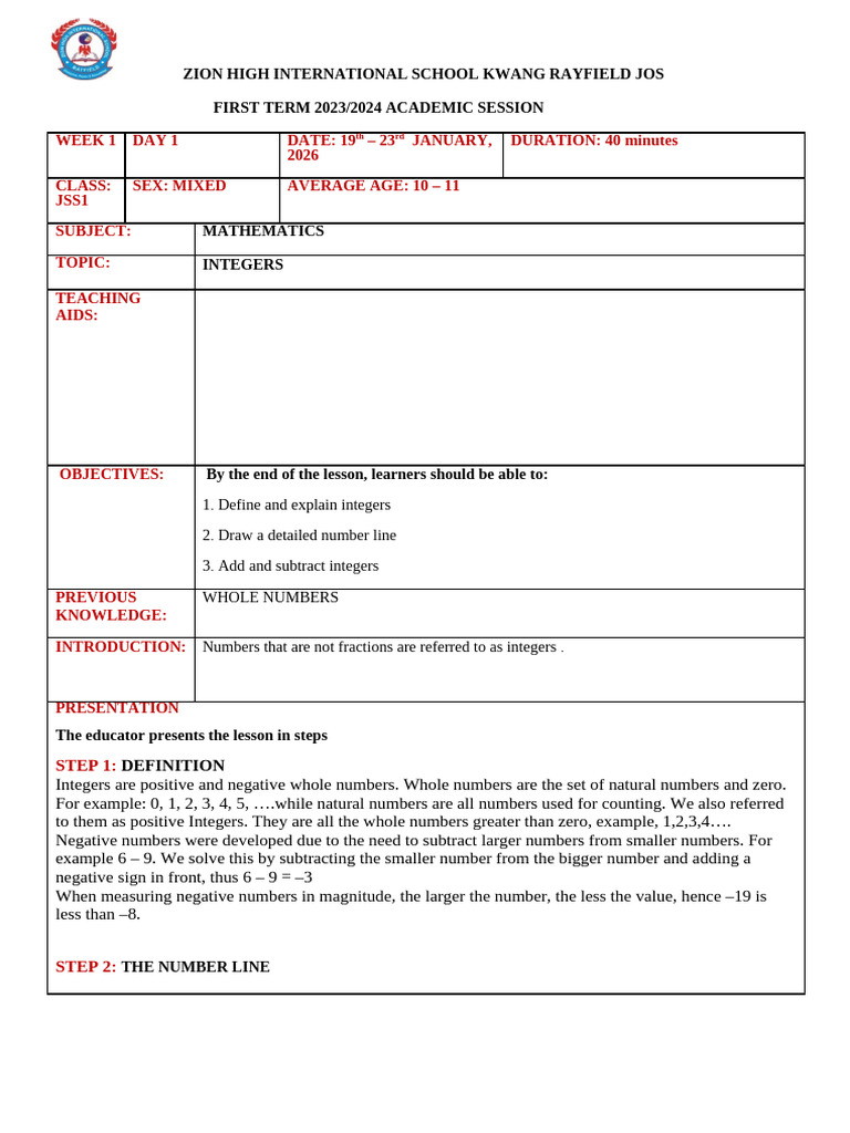 Jss 3 Lesson Plan the Internet Week 3 Copy | PDF | Numbers | Integer