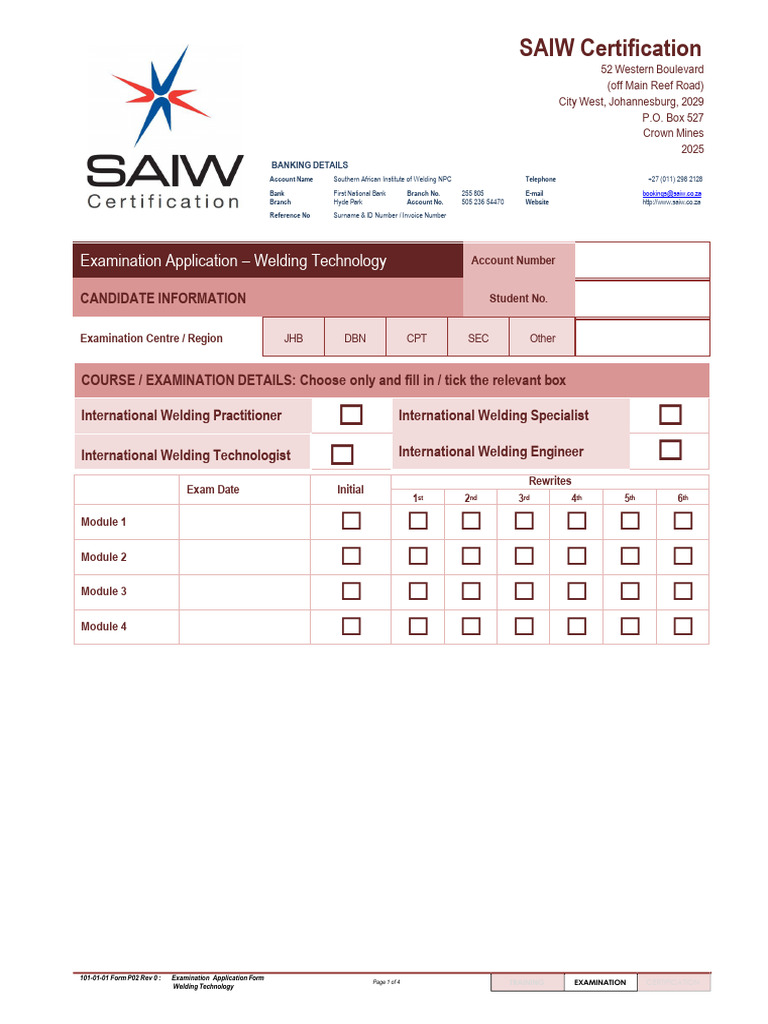 Exam Application Form - IIW (IWT IWS IWP) | PDF