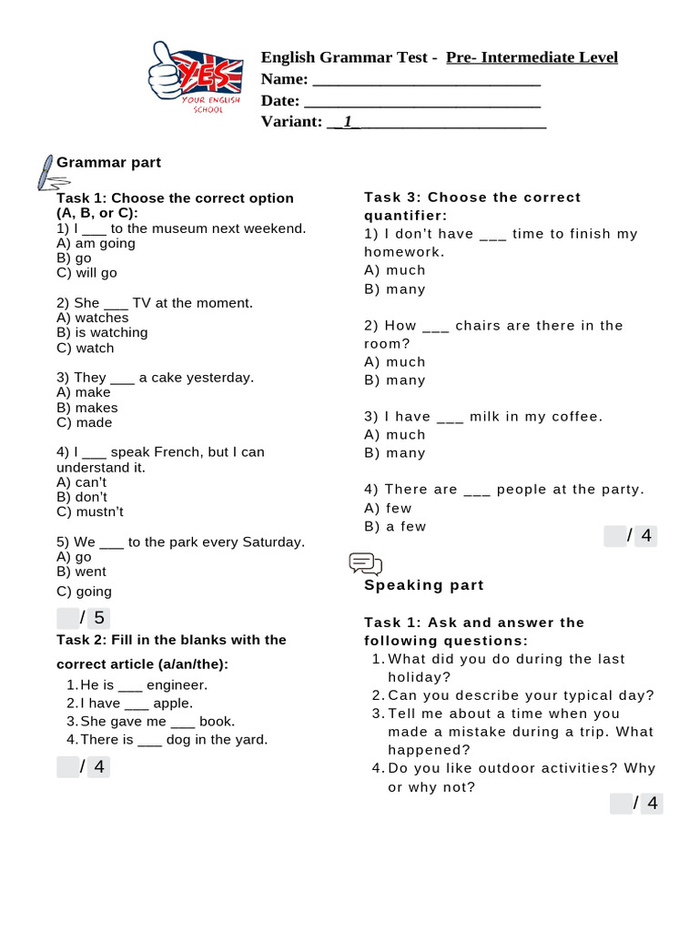 Yes Test Pre-Intermediate Intermediate | PDF