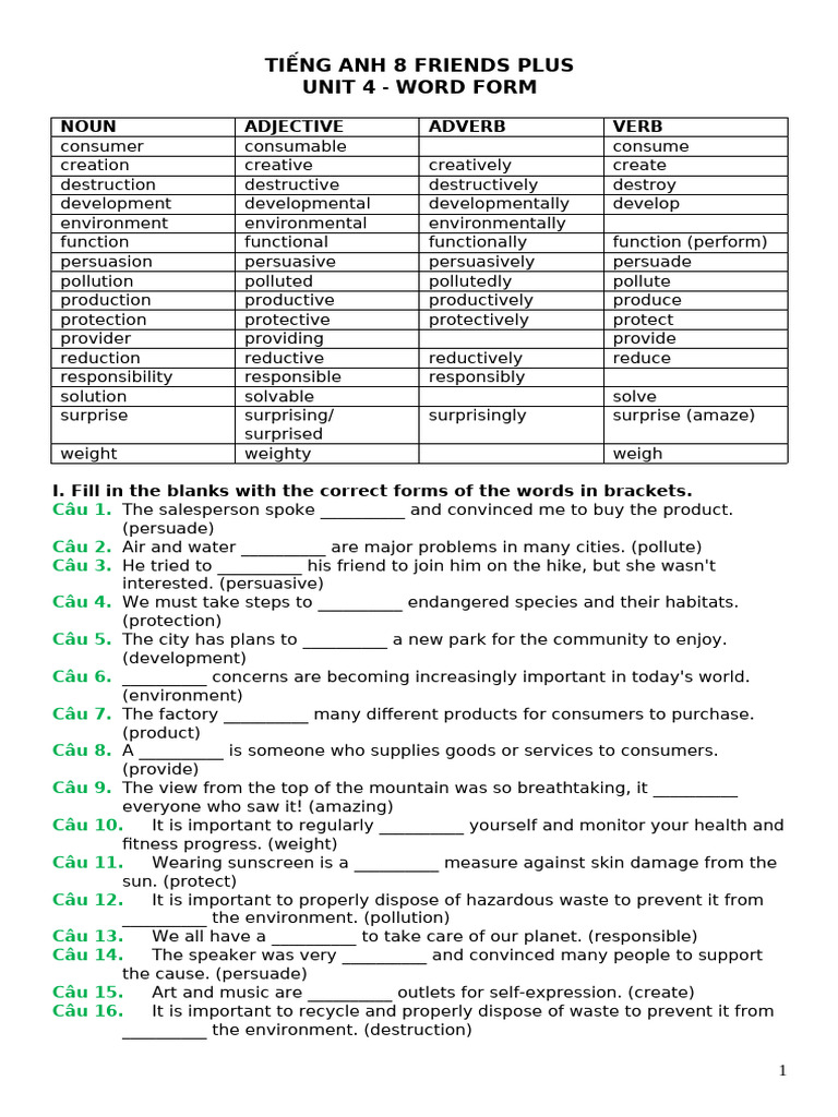 Tieng Anh 8 Friends Plus - Word Form - Unit 4 | PDF | Sustainability ...