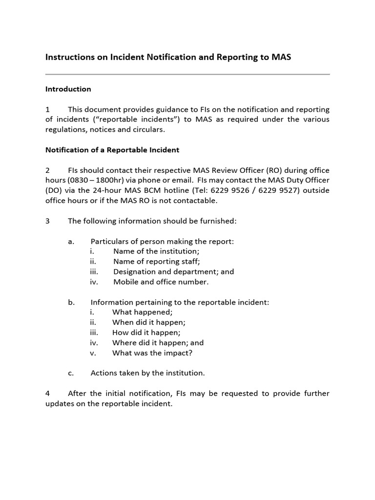 Singapore - Mas.instructions On Incident Notification and Reporting To ...