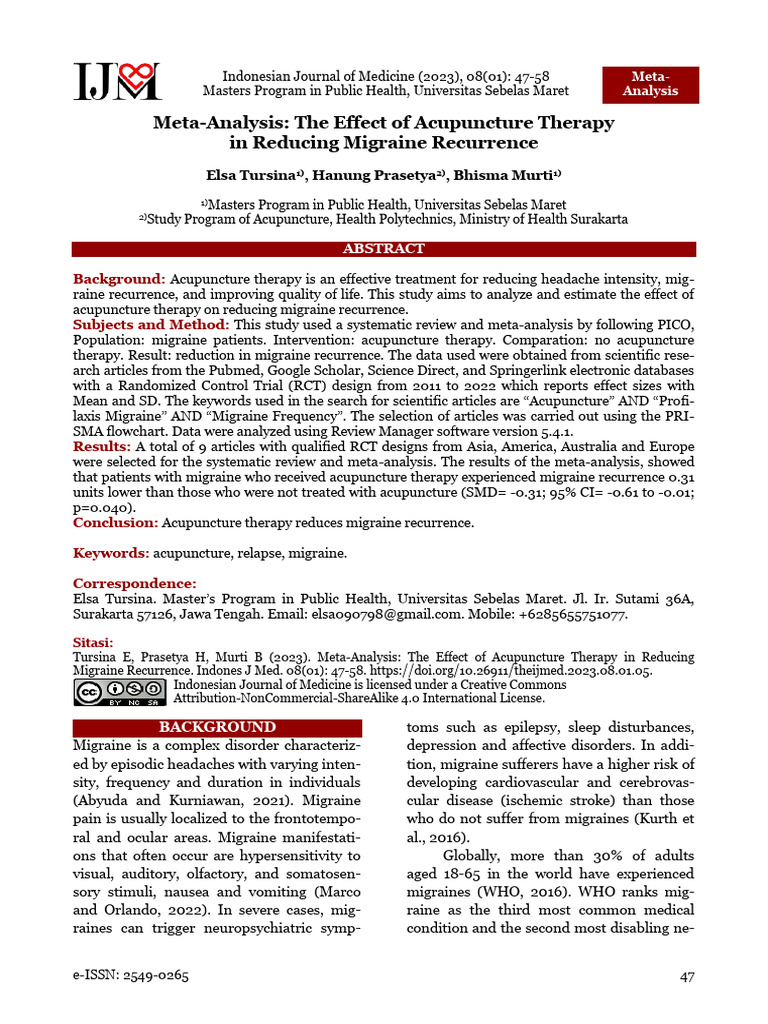 Effect of Acupuncture in Reducing Migraine | PDF | Migraine | Meta Analysis