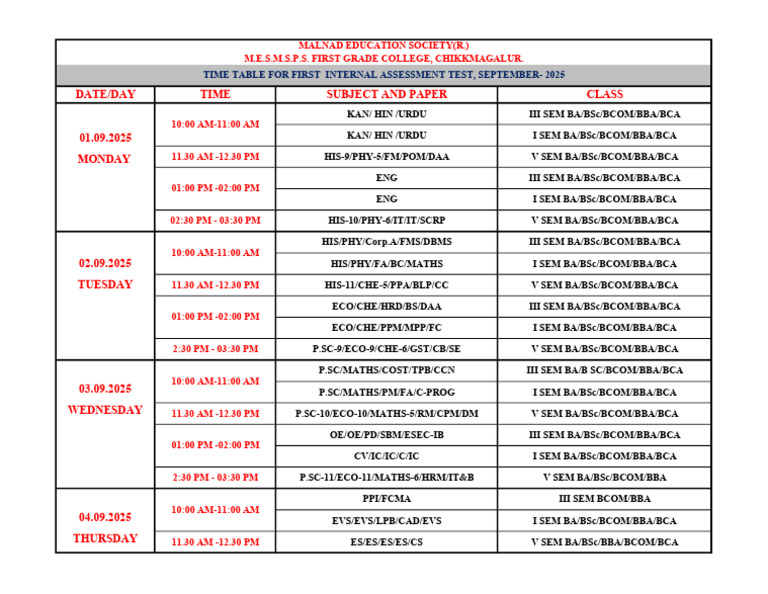 Test Time Table 2025 | PDF | Undergraduate Education | Academic Degree