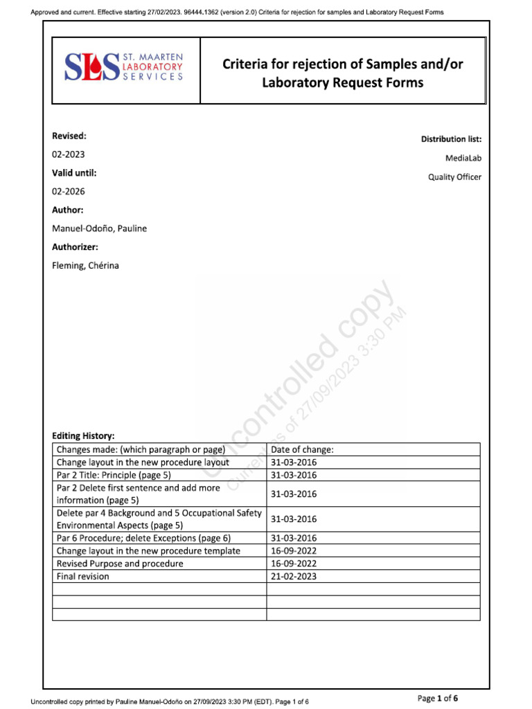 96444.1362 Criteria For Rejection For Samples and Laboratory Request ...