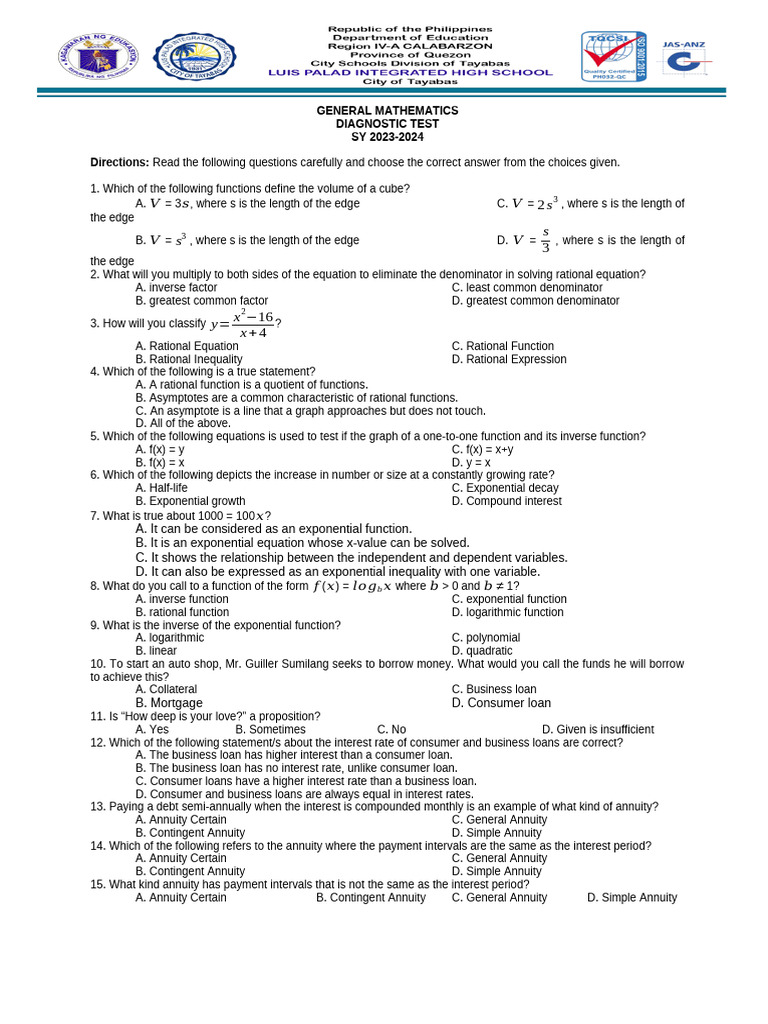 Final Diagnostic Test Gen Math | PDF | Exponential Function | Function ...