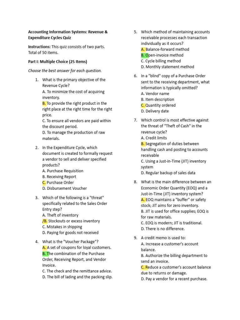 AIS Internal Control Quiz | PDF | Invoice | Inventory