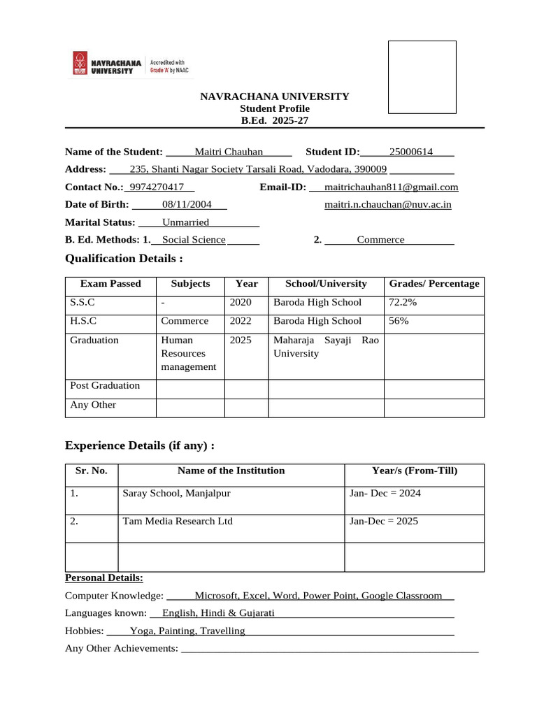 Profile Template For Campus Placement 2026 | PDF