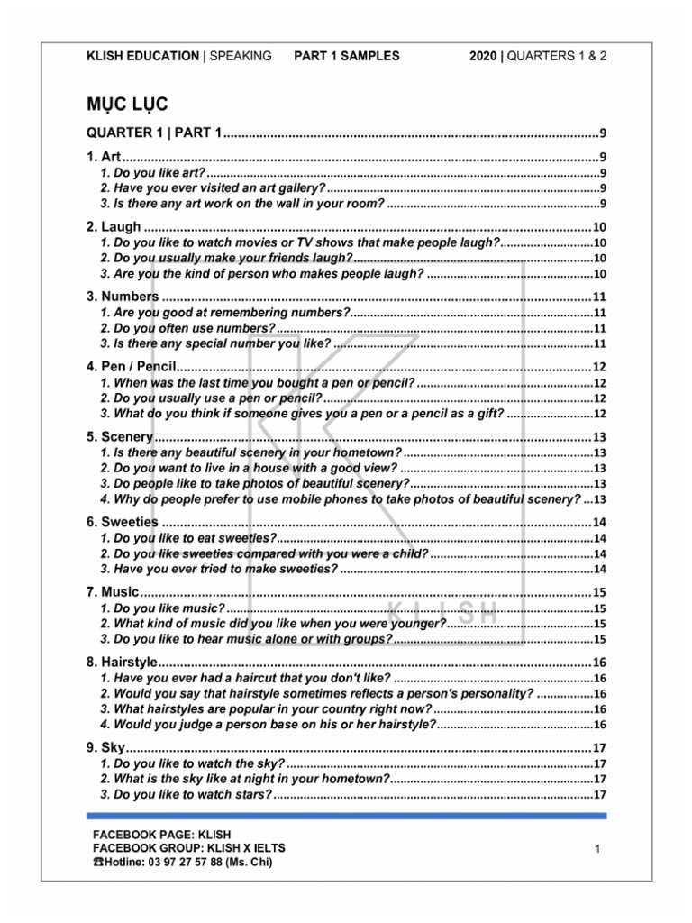 (Klish) Speaking Part 1 Sample Answers | PDF