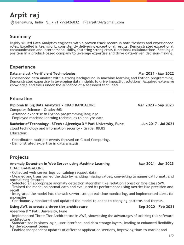 Arpit Resume | PDF | Amazon Web Services | Machine Learning