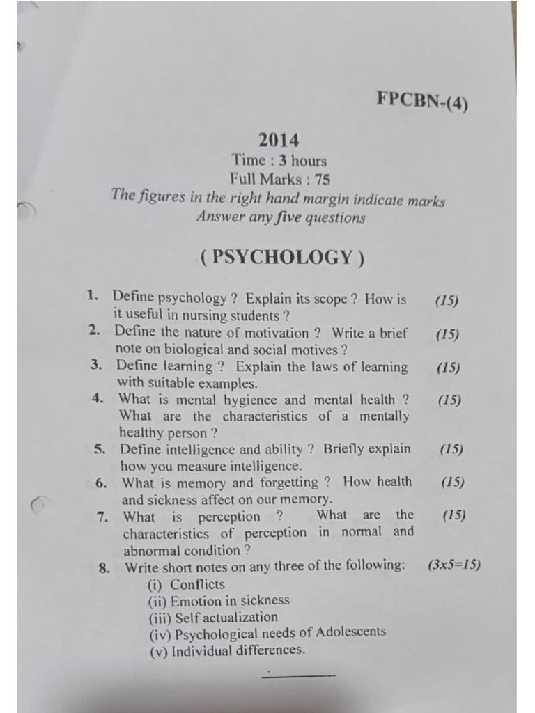 Psychology Exam Paper PBBSC Nursing | PDF