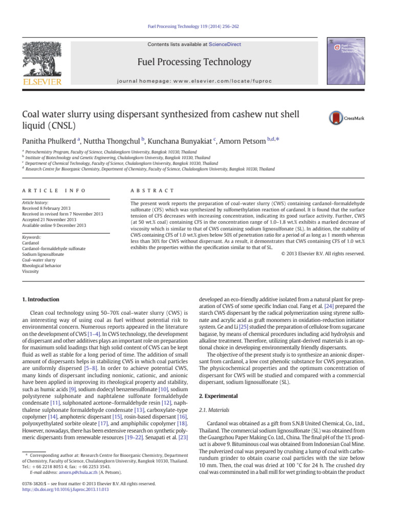 Coal Water Slurry Using Dispersant Synthesized From Cashew Nut Shell ...