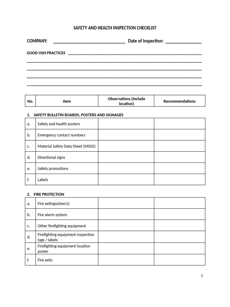 Safety+and+Health+Inspection+Checklist+ +EDITABLE | PDF | Occupational ...
