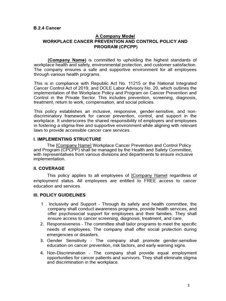 Editable Annex+B.2.4.+Policies CANCER | PDF | Occupational Safety And ...