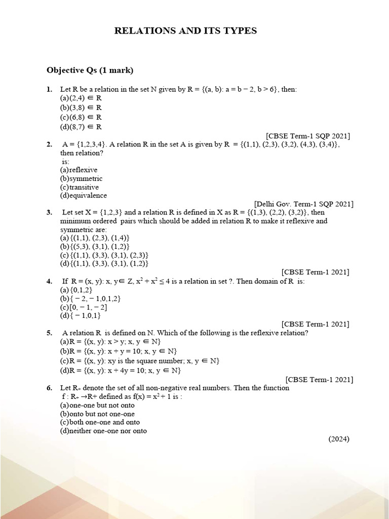 12th Relations and Functions Important Questions | PDF | Abstract ...