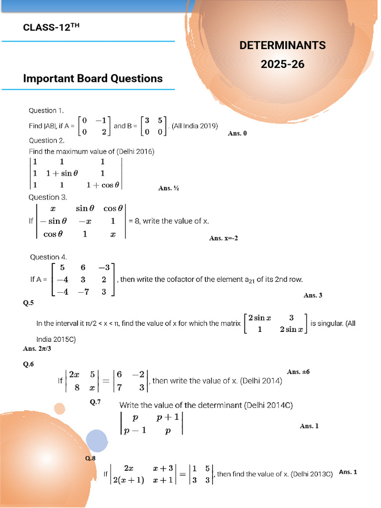 12th Determinants Extra Questions | PDF | Determinant | Matrix ...