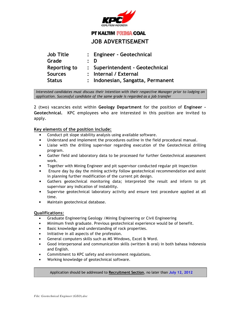 Geotechnical Engineer Job Description | PDF | Technology & Engineering