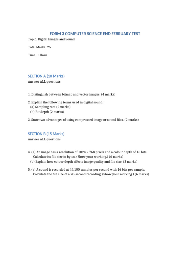 Form 3 Computer Science Test Sound and Images 25 Marks | PDF