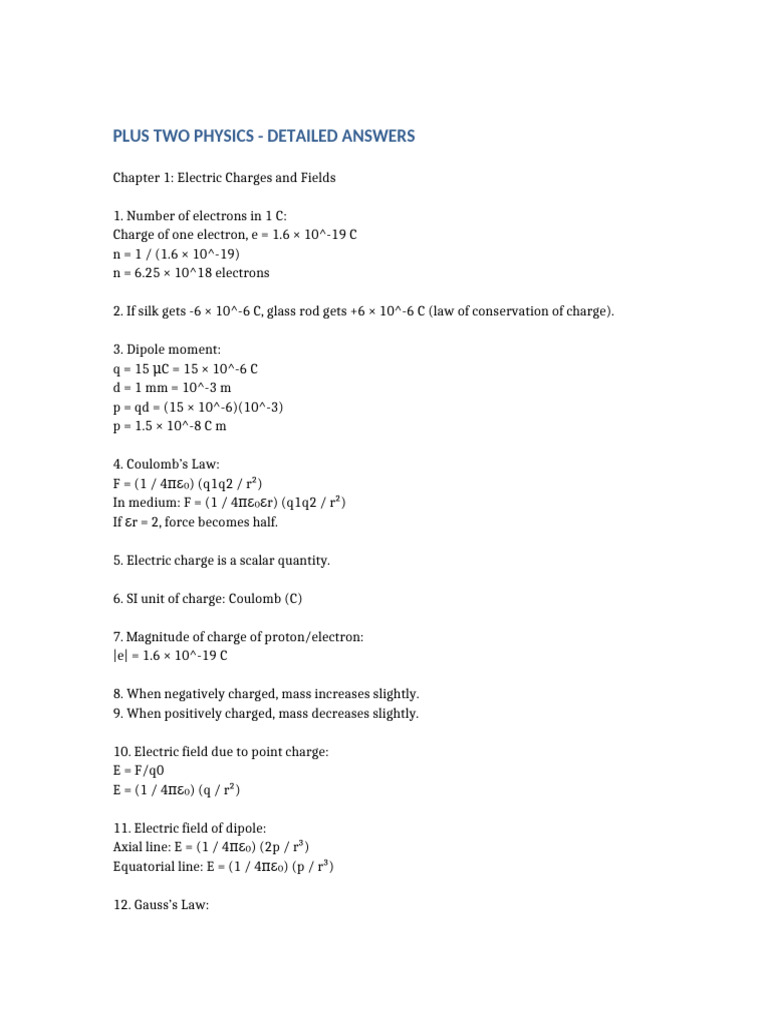 Plus Two Physics Detailed Answers | PDF