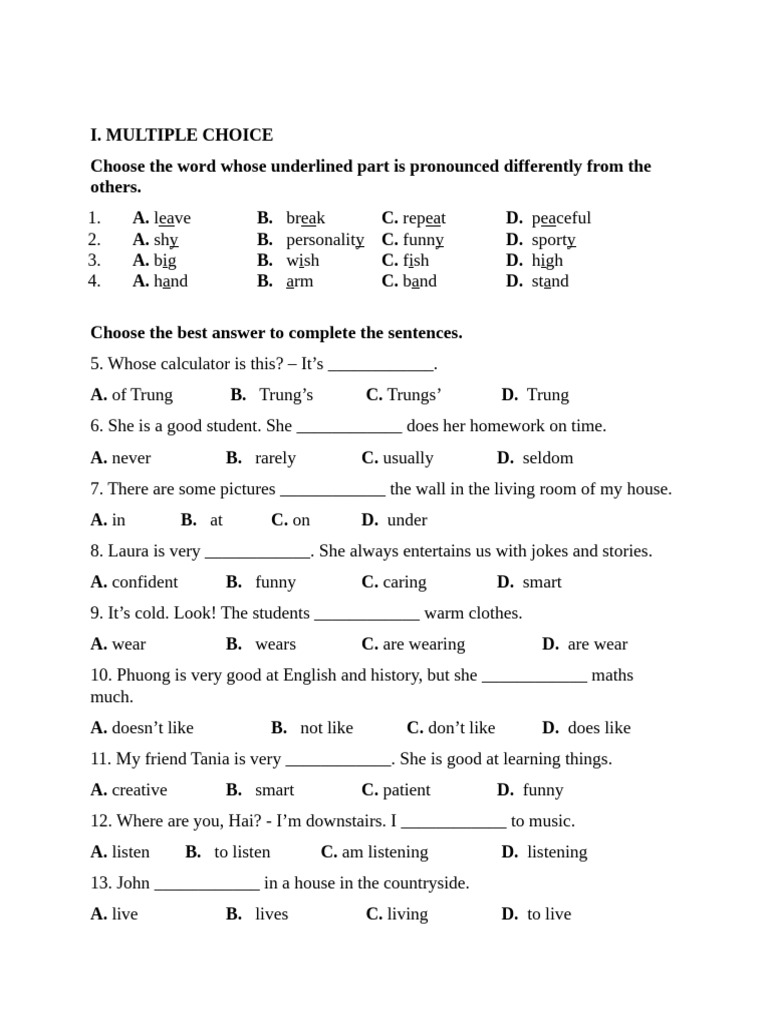 English Test For Grade 6 | PDF