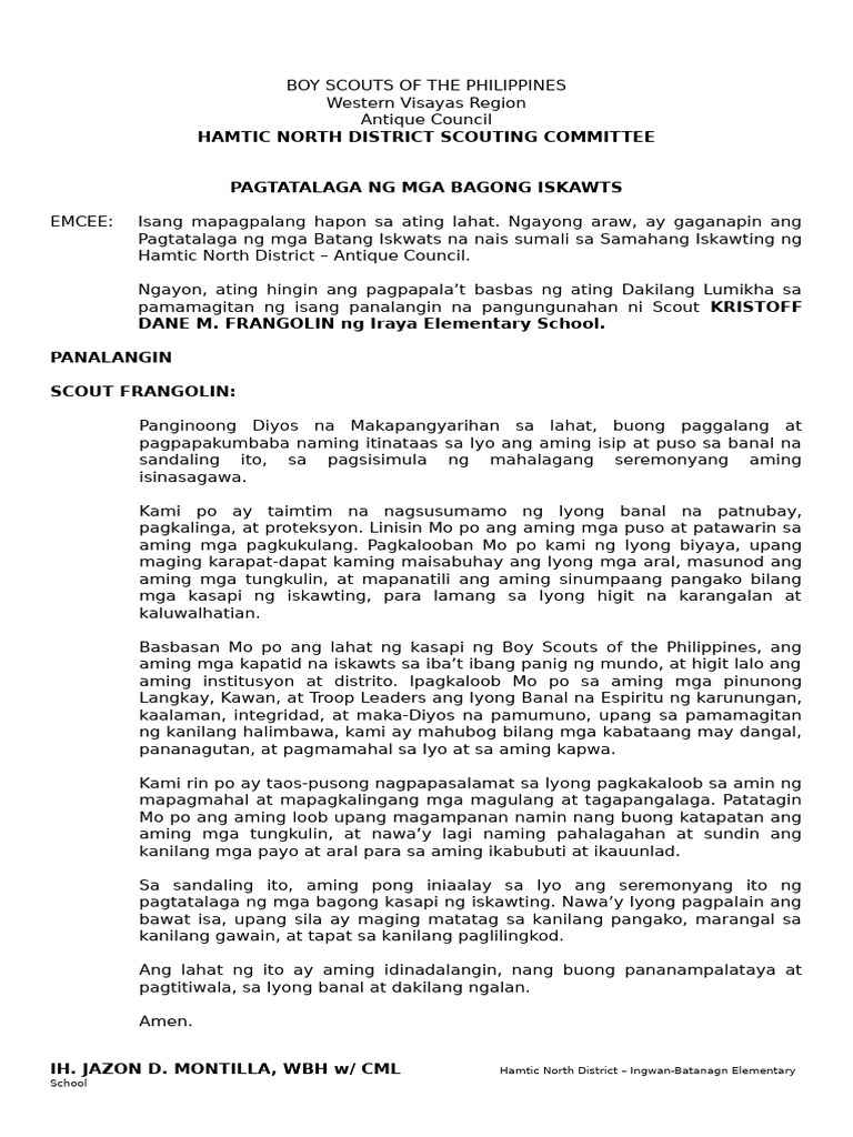 Boy Scouts Investiture Script Edited 2026 | PDF