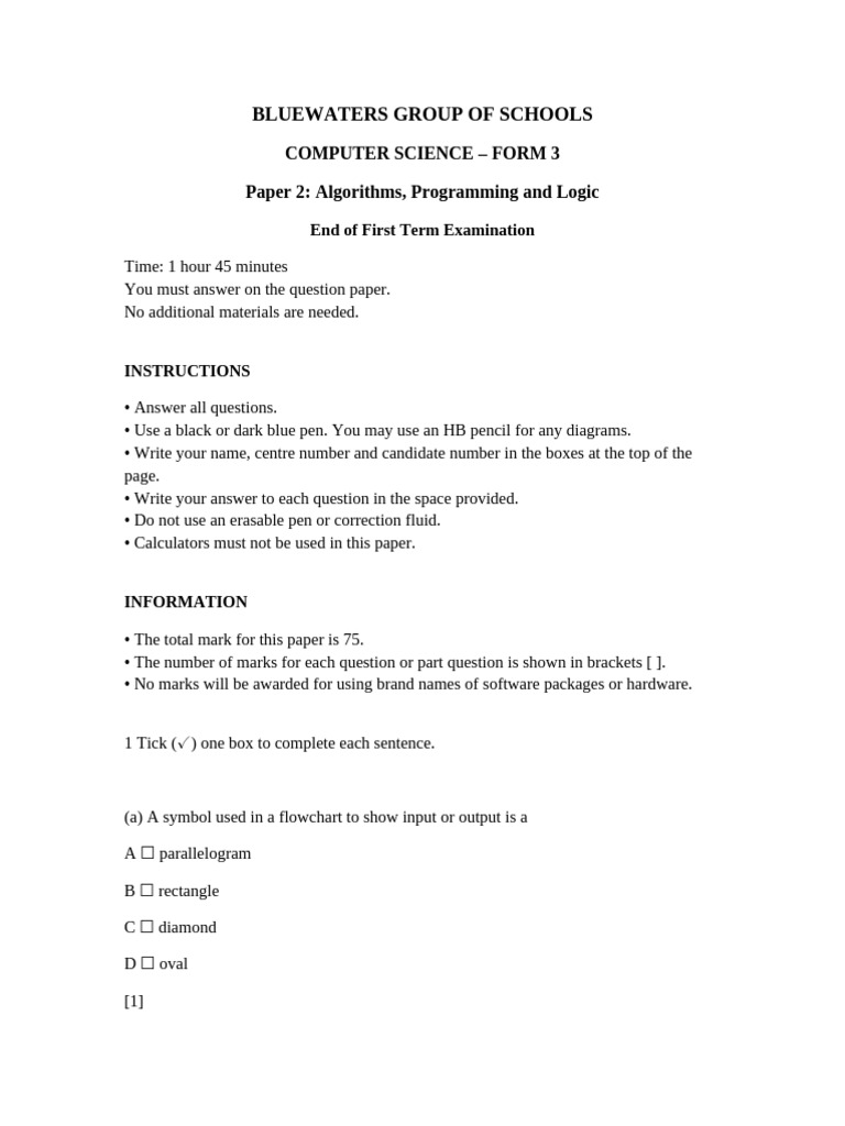 Bluewaters Form3 Computer Science Paper2 Term1 | PDF | Algorithms ...