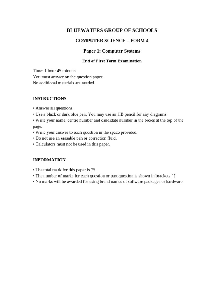Bluewaters Form4 Computer Science Paper1 Term1 | PDF | Computer Data ...