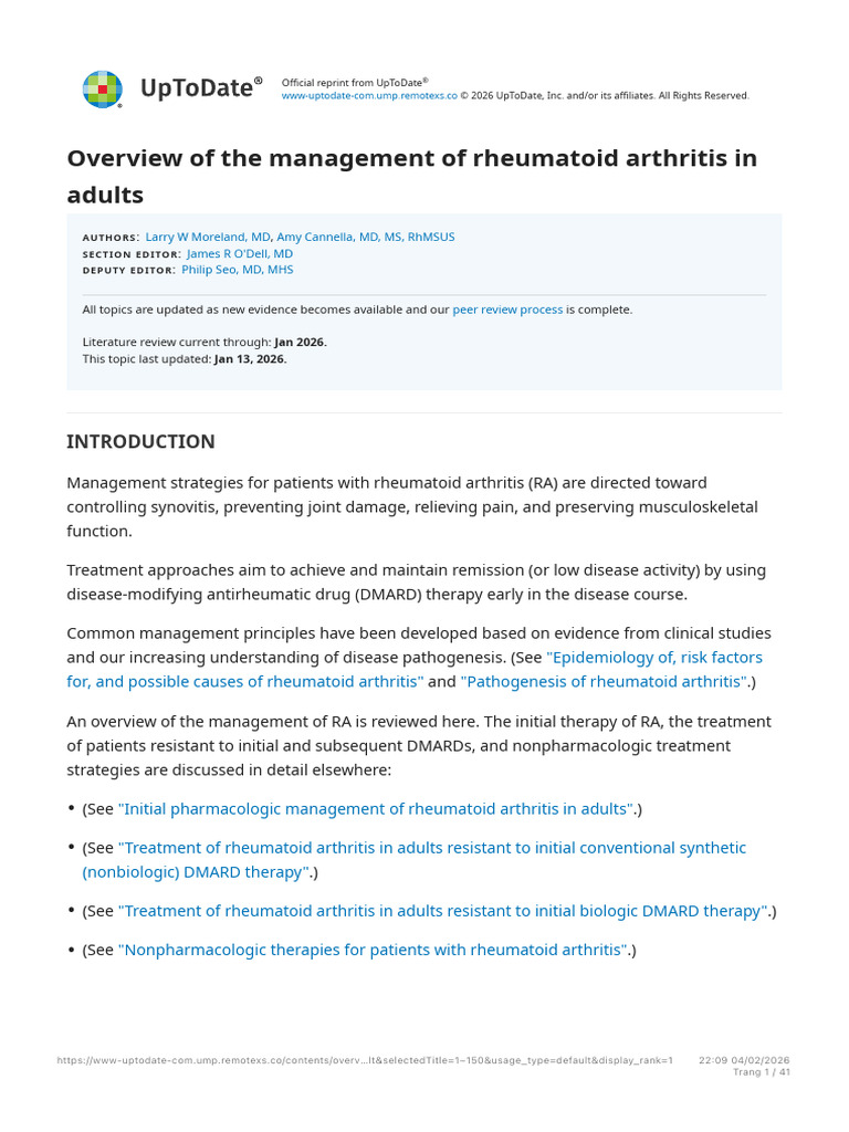 Overview of The Management of Rheumatoid Arthritis in Adults - UpToDate ...