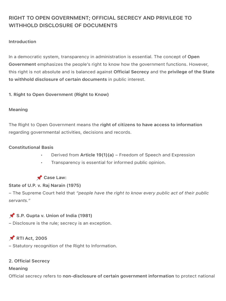 Right to Open Government; Official Secrecy and Privilege to Withhold ...