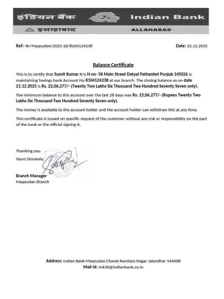 Balance Certificate | PDF