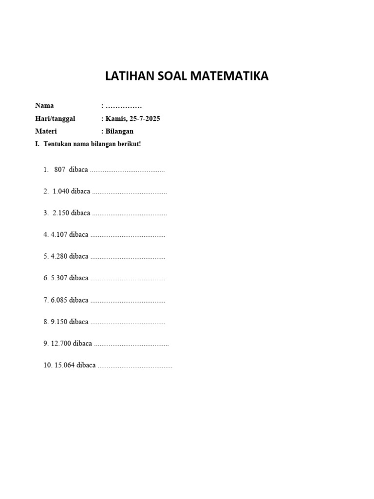 Soal Matematika Kelas 3 SD Bilangan - 1 | PDF