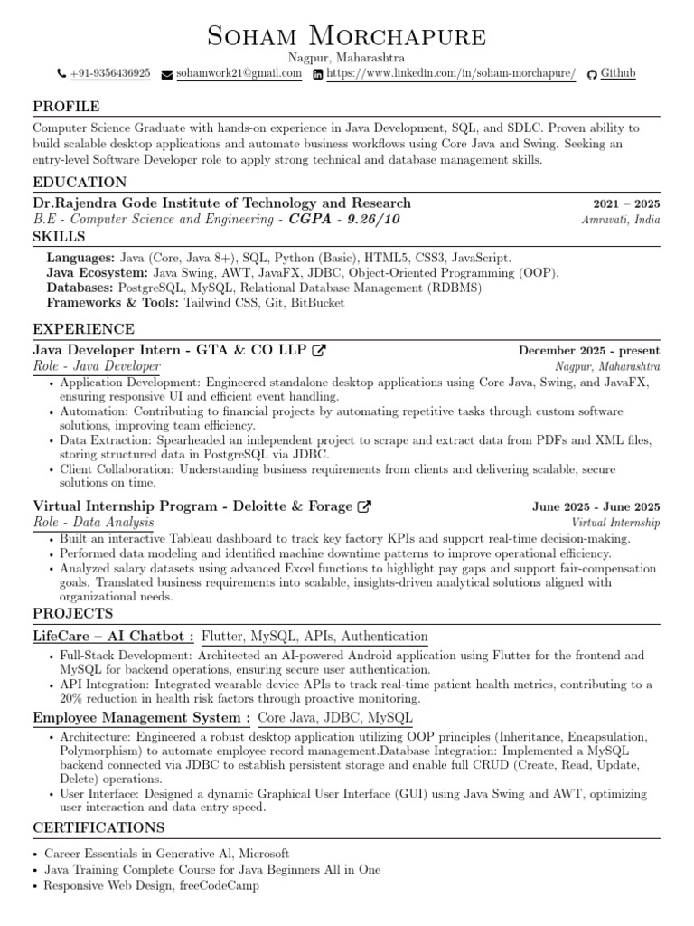 Soham Morchapure Resume | PDF | Databases | Java (Programming Language)