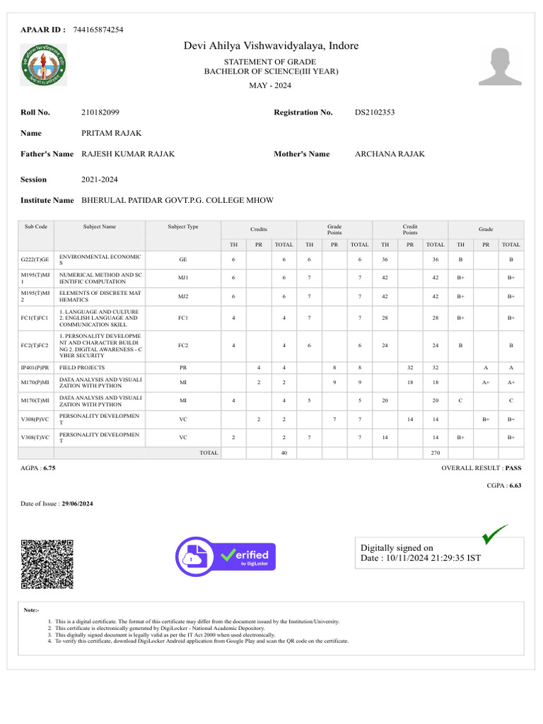 Final Year Marksheet | PDF