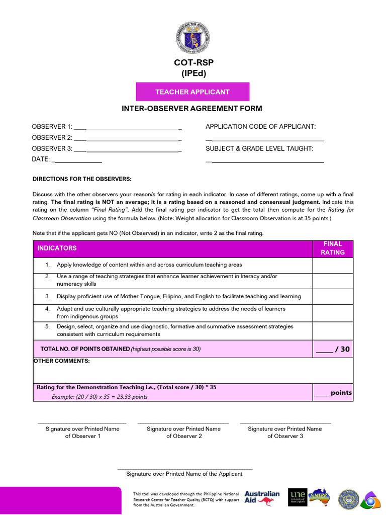 Annex M 1 - COT RSP Inter Observer Agreement Form IPEd | PDF ...