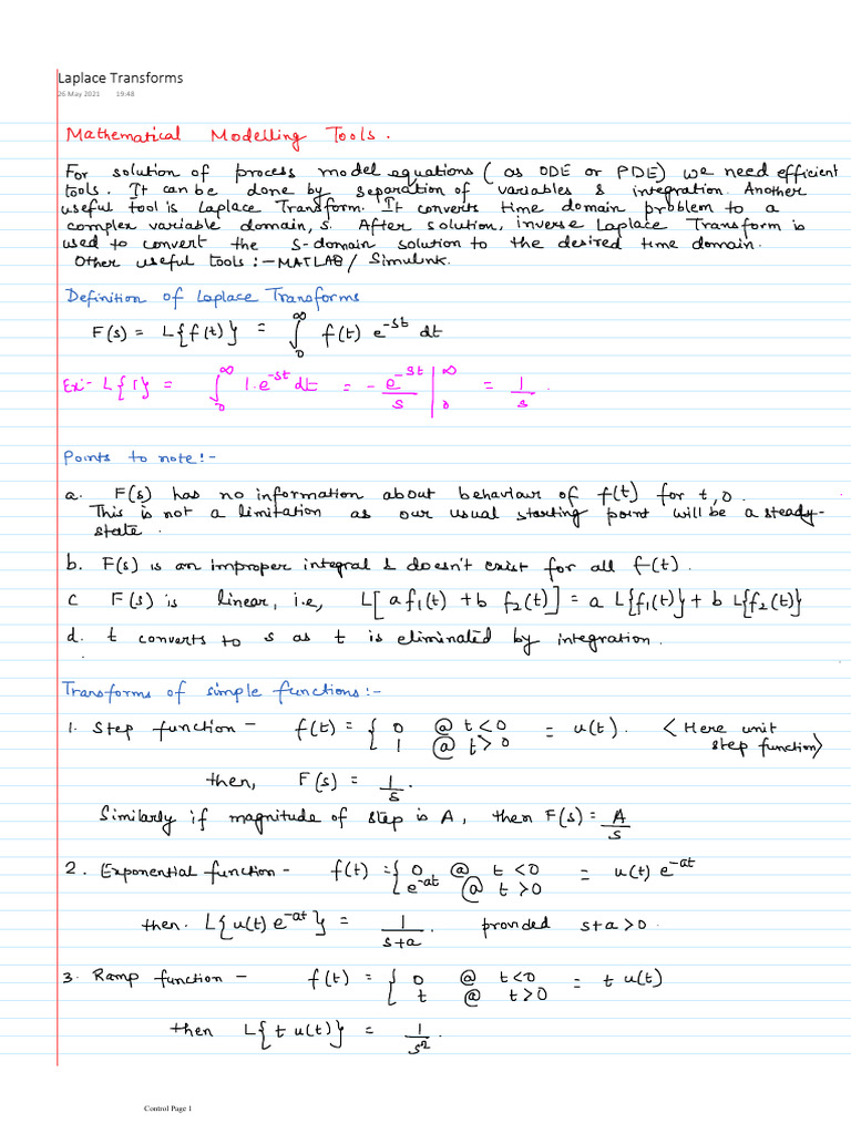 Laplace Transforms For Process Control | PDF
